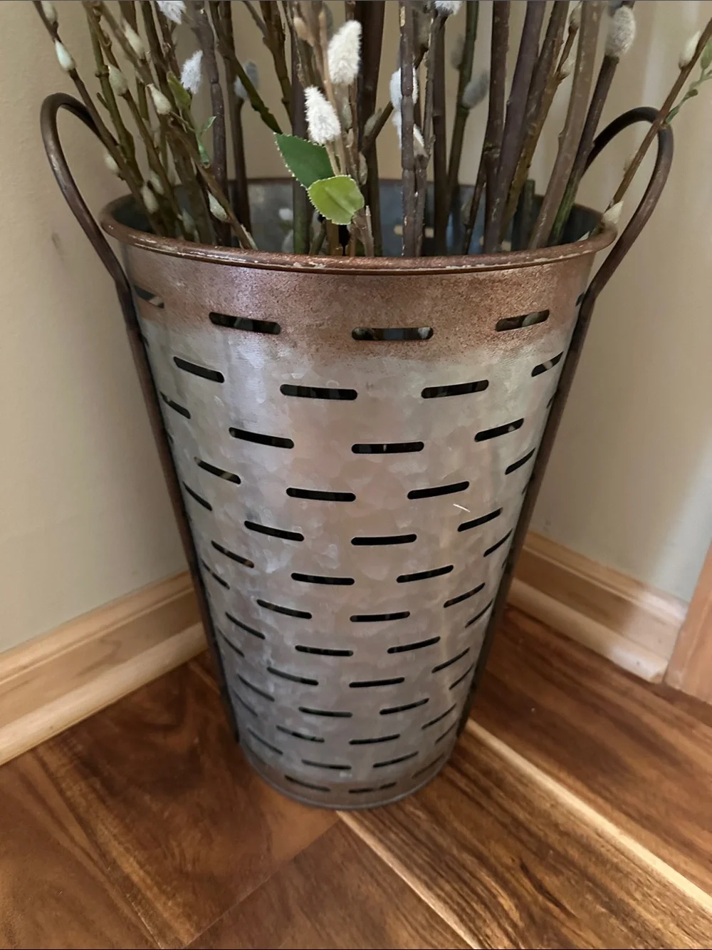 Olive Bucket Basket Vintage Galvanized Metal Vase Decor Farmhouse Country